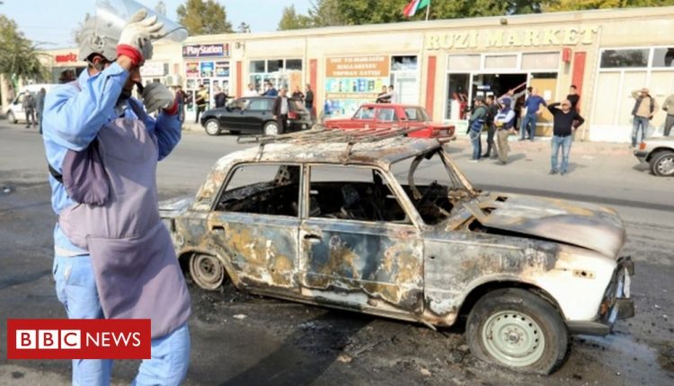 Nagorno-Karabakh conflict: Missile strike on Azeri town kills 21 civilians